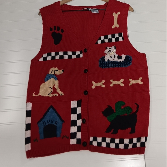 VINTAGE 90S CAPACITY PUPPY DOGS COTTAGECORE PATCHWORK SWEATER VEST WOMEN'S L - Picture 2 of 4